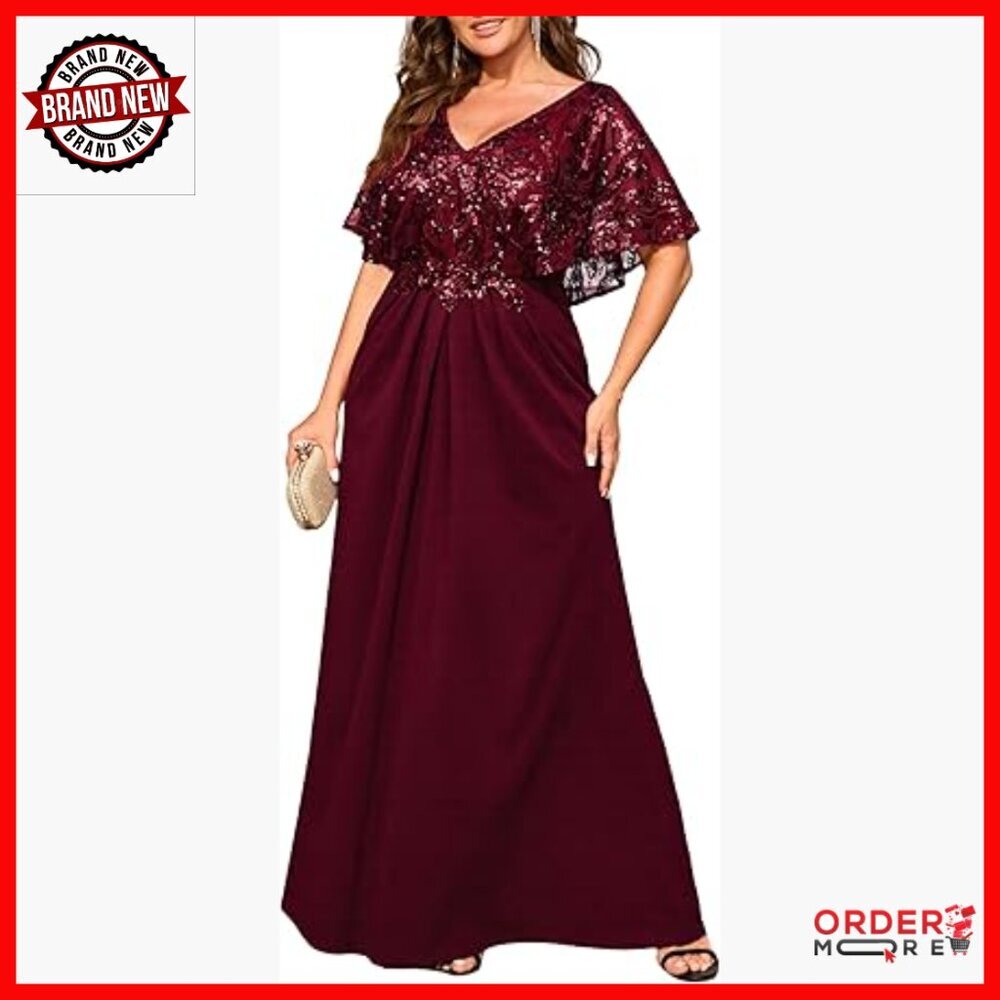 Plus Size Sequin Formal Evening Dress V-Neck Cape Sleeve Maxi